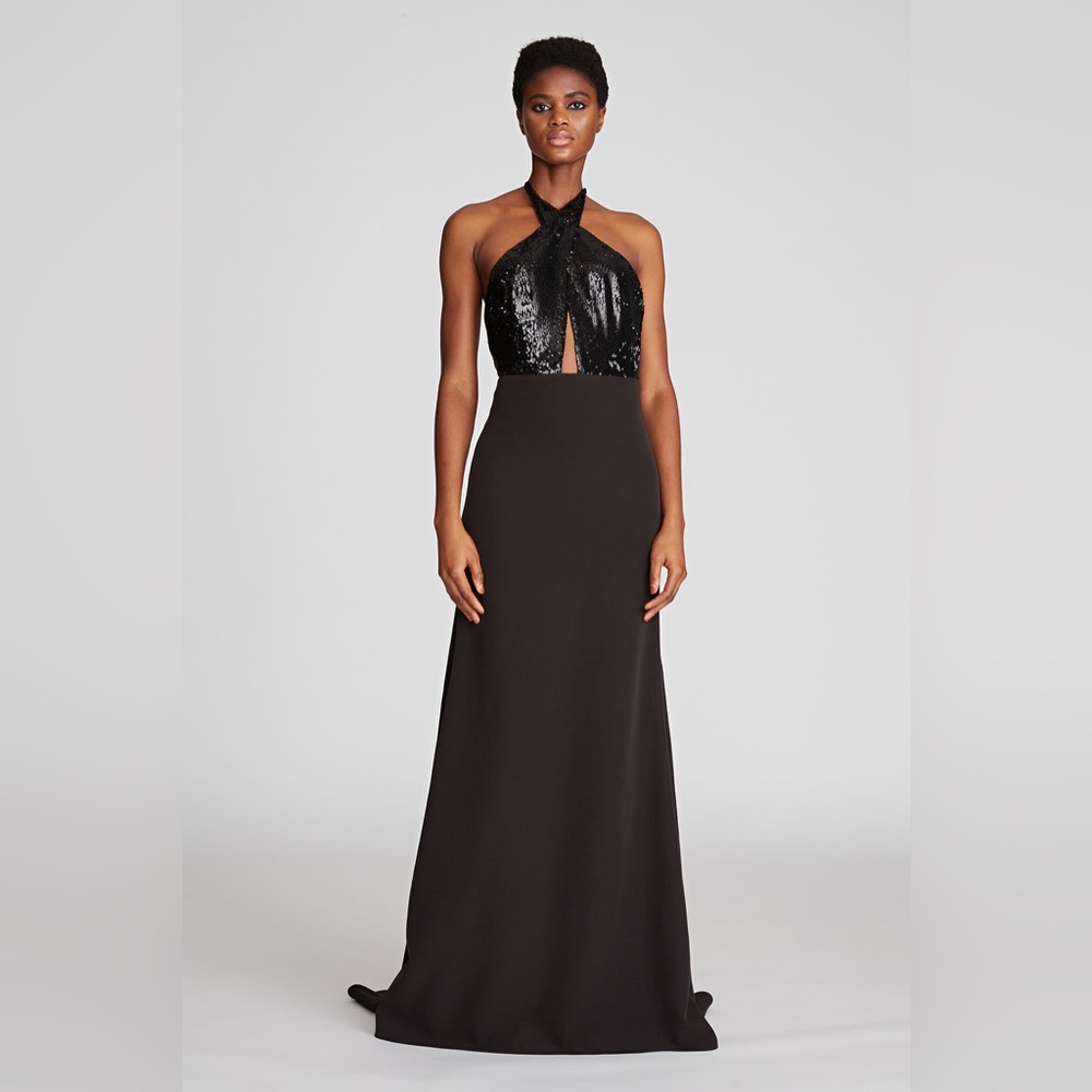 HALSTON Lacey Gown in Black Crepe/Sequins